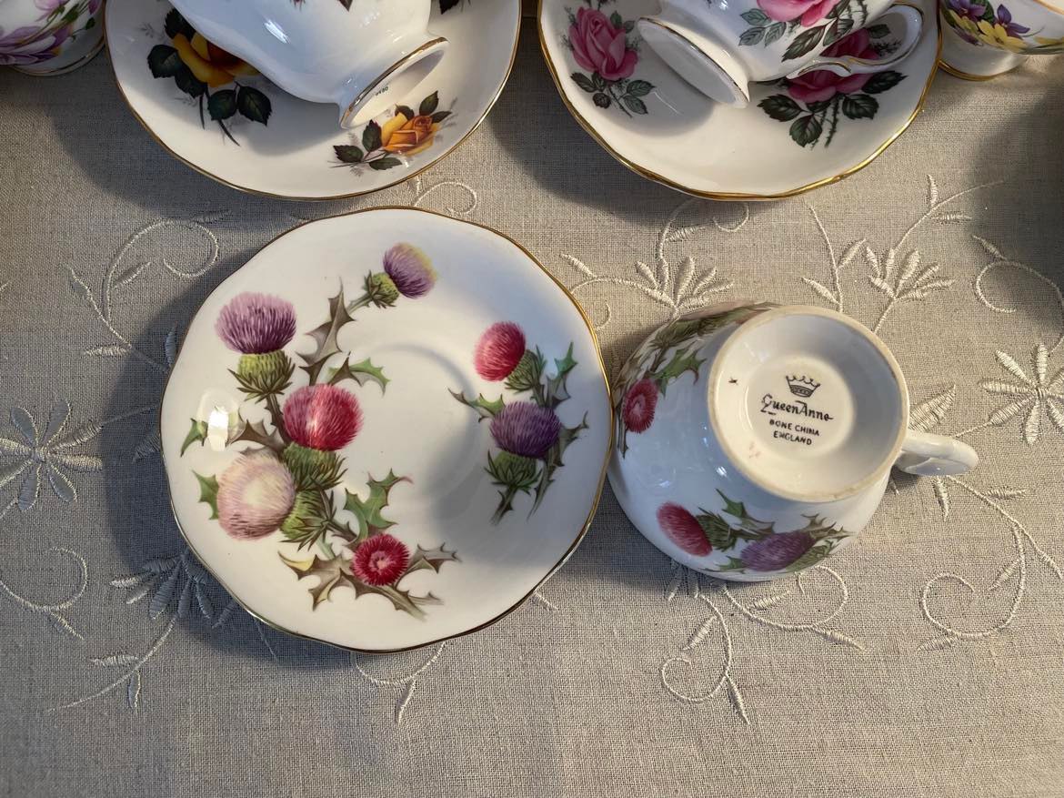 Queen Anne Blue Thistle Flower Teacup And Saucer